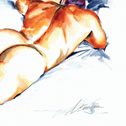 Muscular Man on Messy Bed, Highlighting Strong Arms & Legs - Giclee Art Print