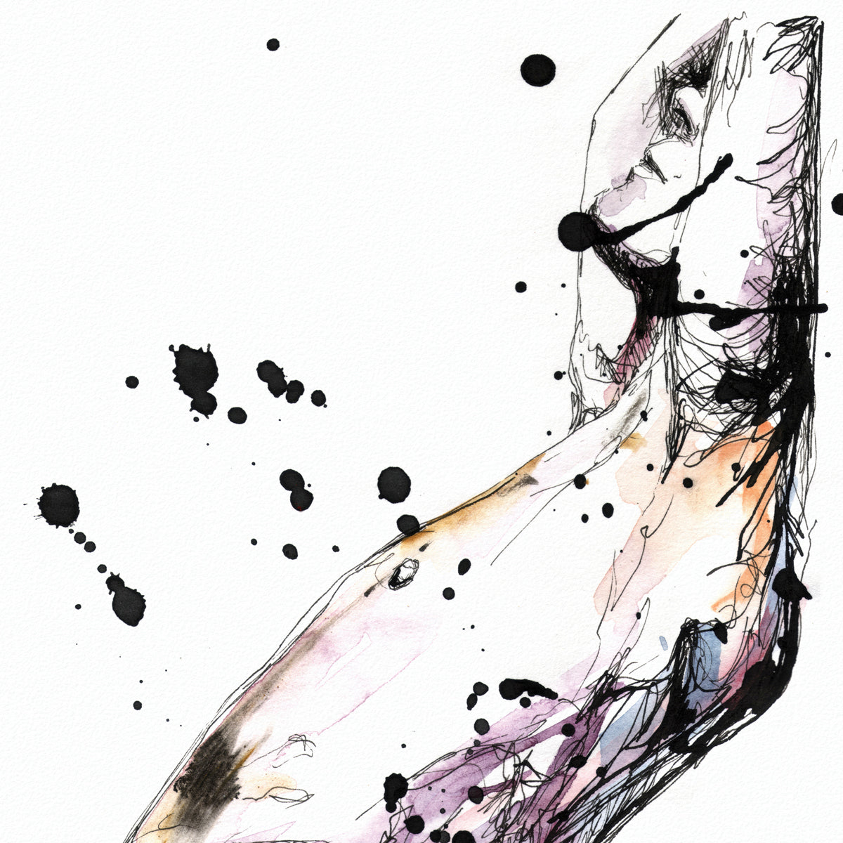 Abstract Nude Male with Fluid Lines and Dynamic Splatters - Giclee Art Print
