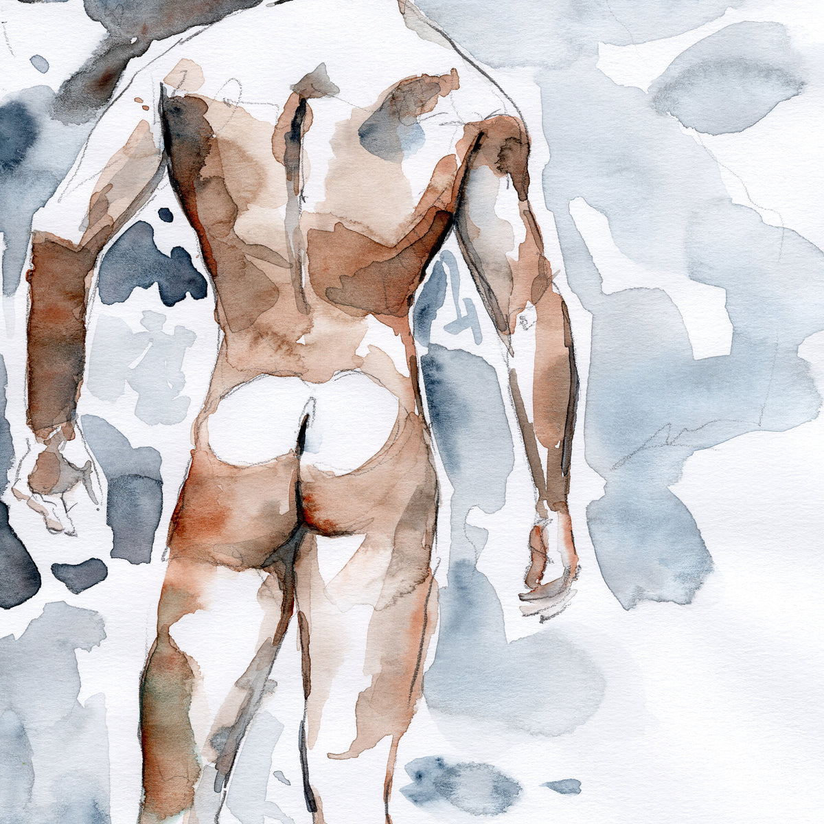 Rear View of Muscular Male, defined back muscles - 9x12" Original Watercolor Painting