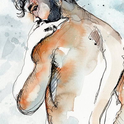 Sensual Male with Strong Back & Raven-Hued Hair - 9x12" Original Watercolor Artist Brenden Sanborn