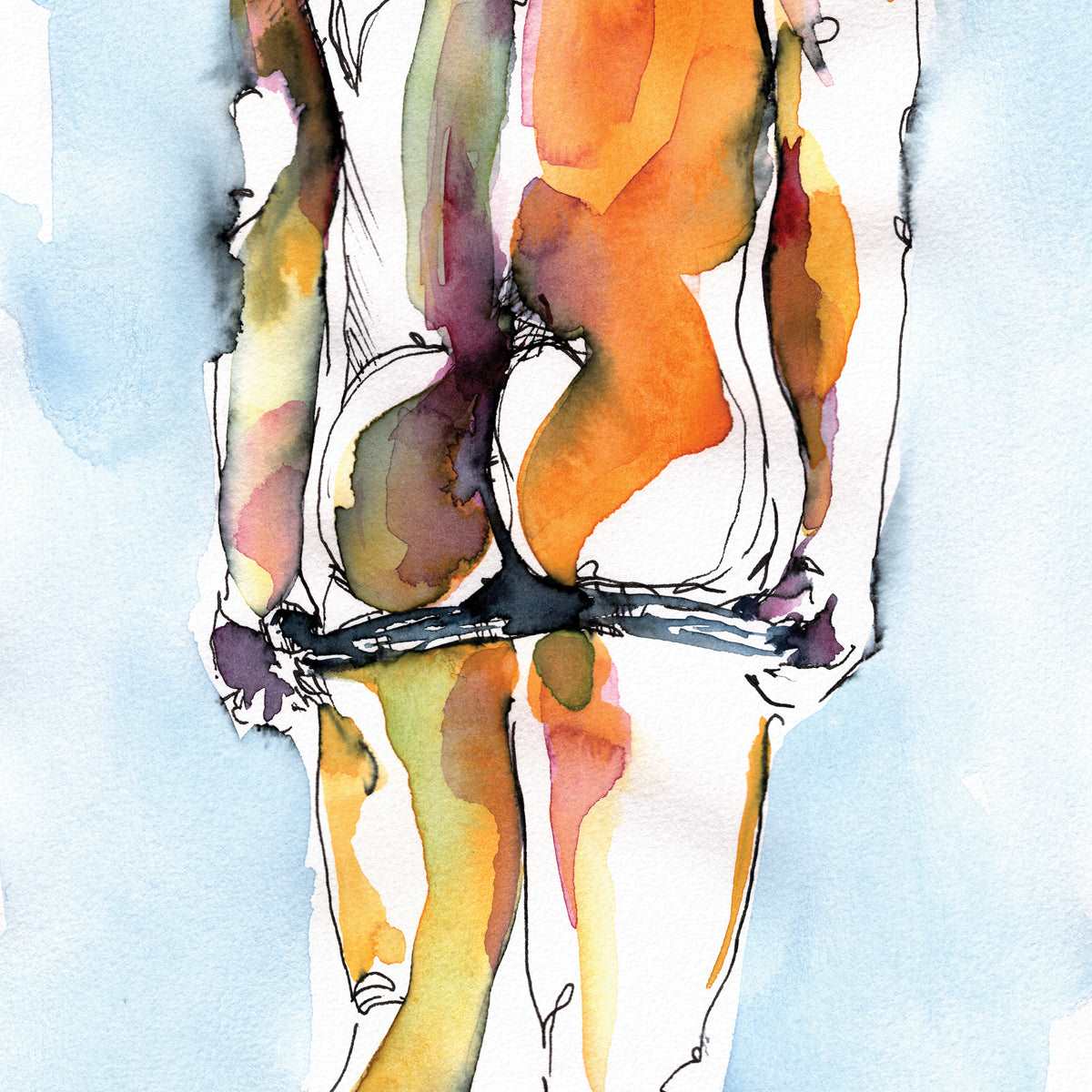 Classical Male Physique in Ink & Watercolor: A Revealing Pose