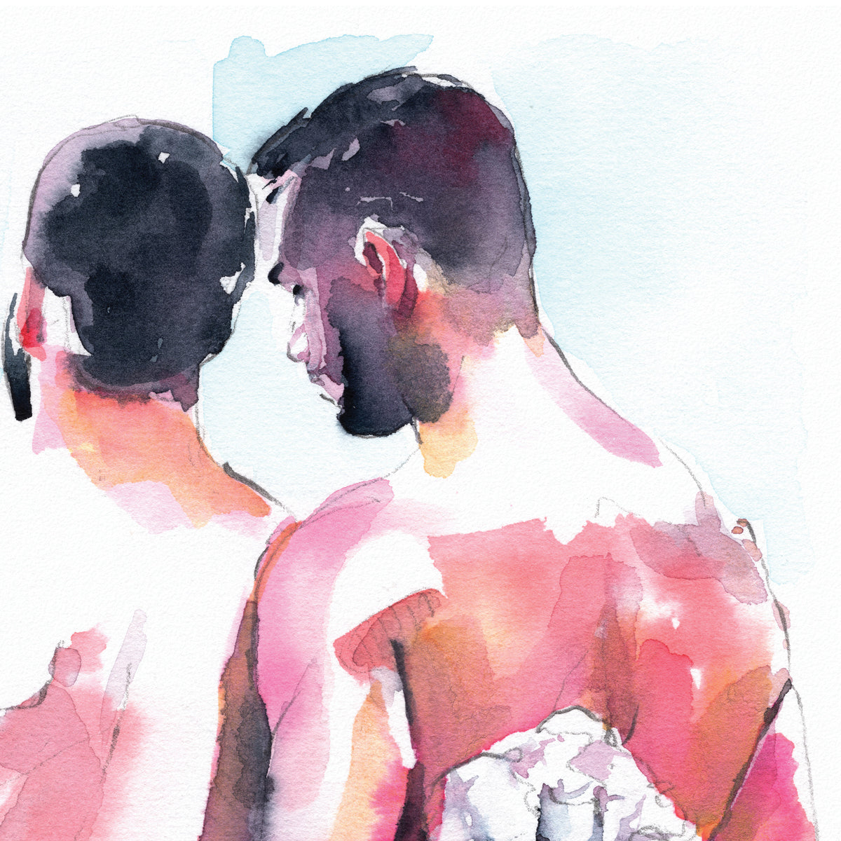 Tender Moment Between Male Lovers with Crimson Embrace - Giclee Art Print