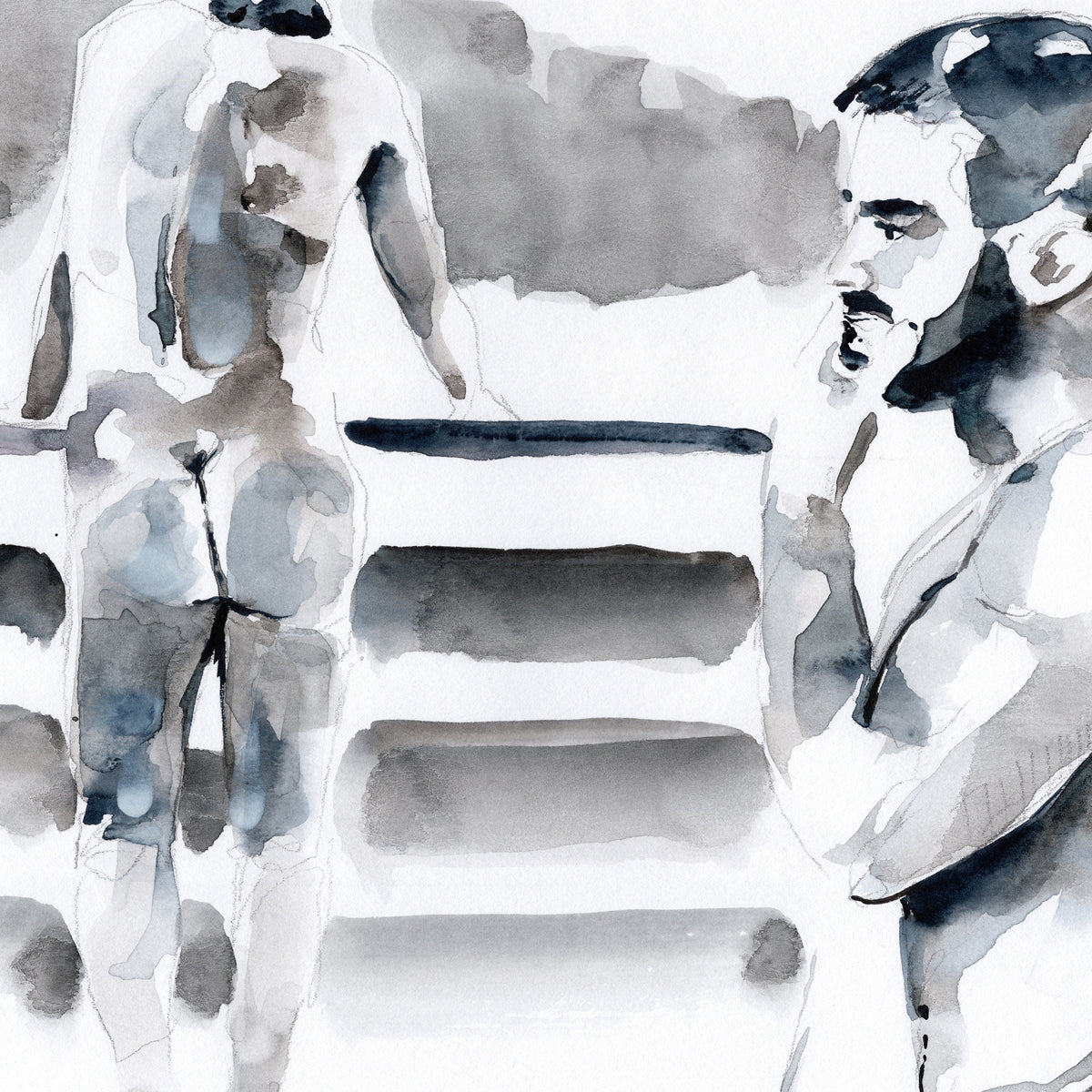 Two Male Figures, Muscular Seated Man and Standing Figure with Defined Buttocks - 9x12" Original Watercolor Painting