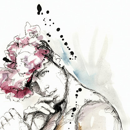 Floral Crowned Muscular Male, Sensual Gaze, Strong Pecs - Giclee Art Print