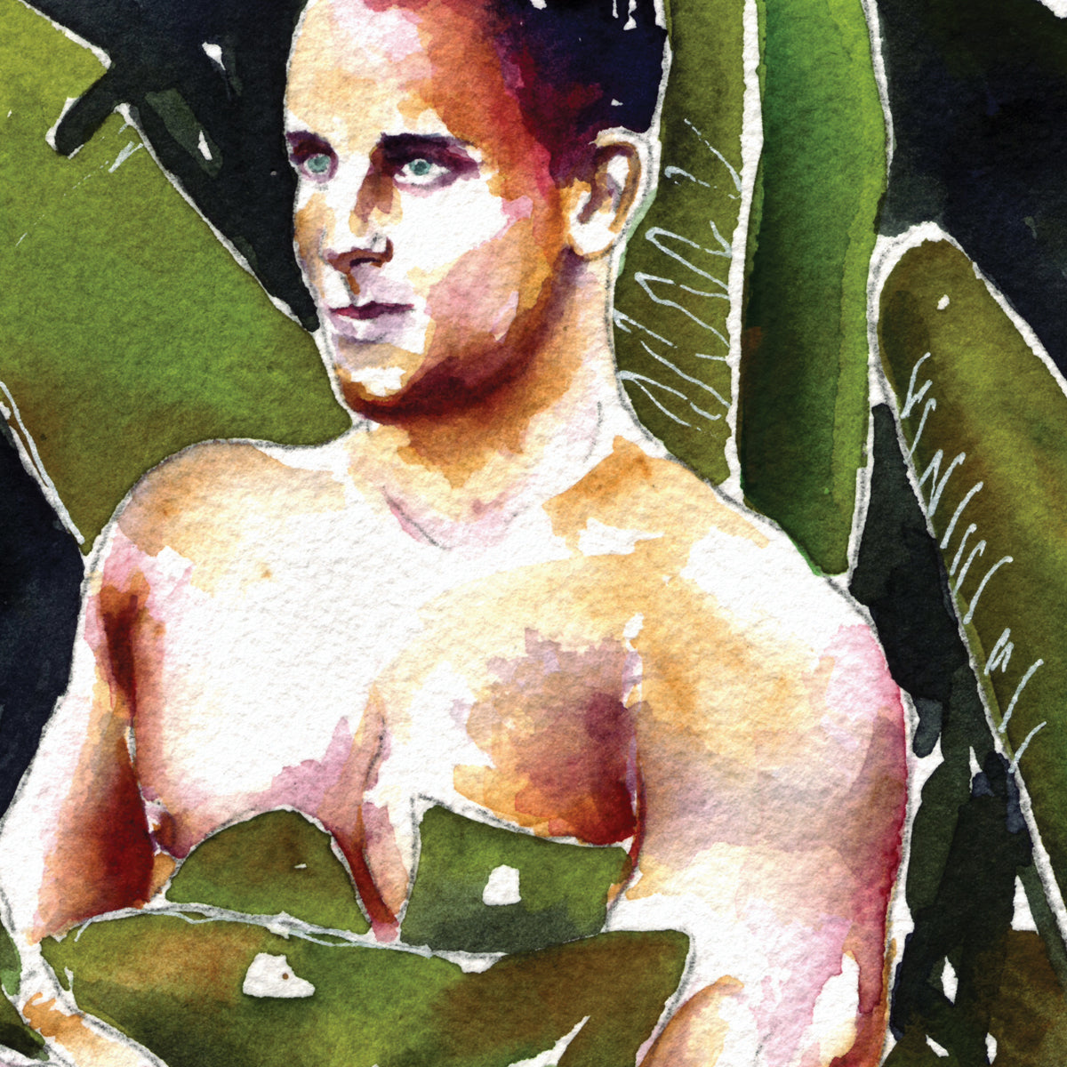 Verdant Veil: Muscular Male Shielded by Palm Leaves - Giclee Art Print