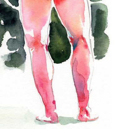 Nude Male, Rear View Highlighting Strong Back and Defined Legs - 6x9" Original Watercolor Painting