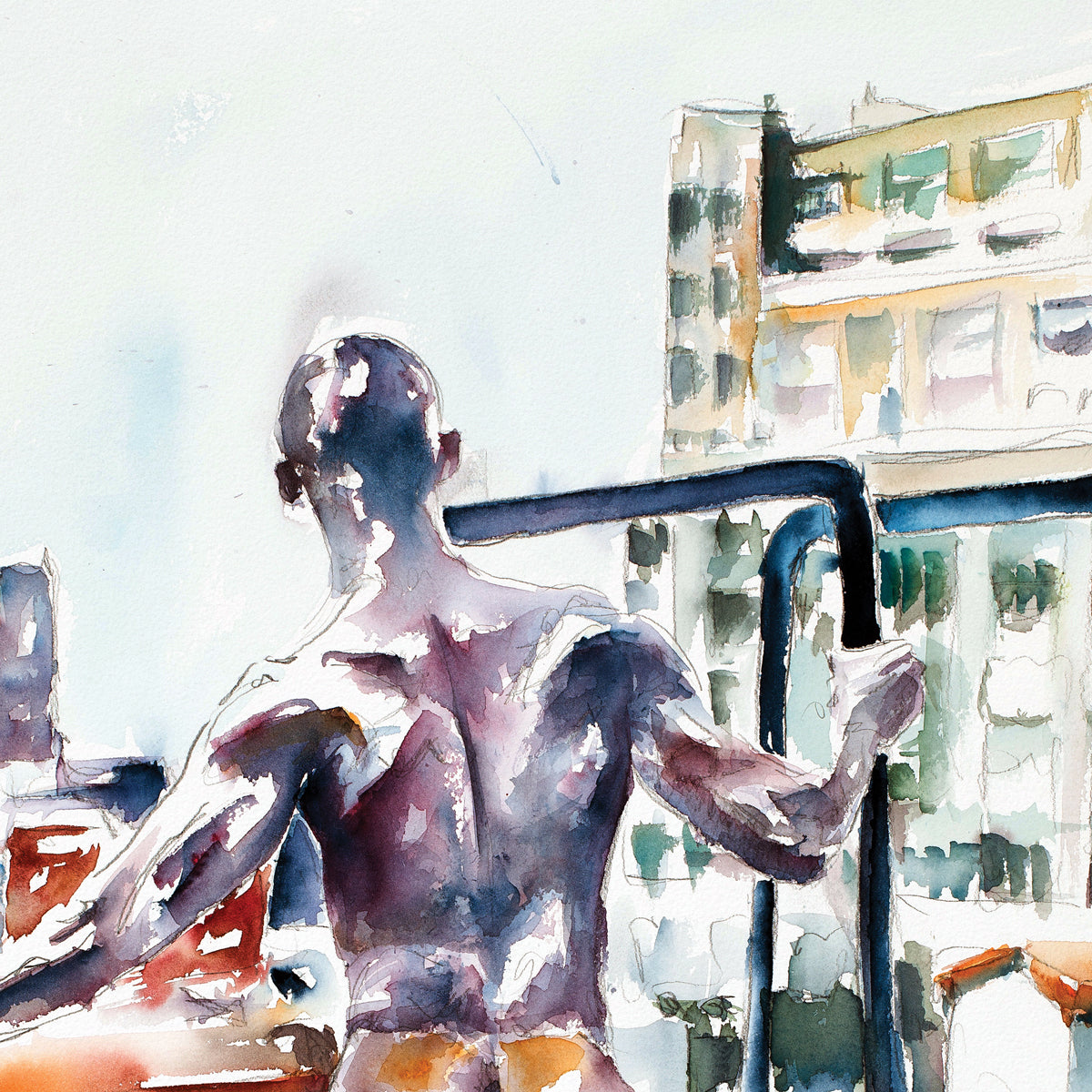 City Gaze: Muscular Male Overlooking Urban Landscape - Giclee Art Print