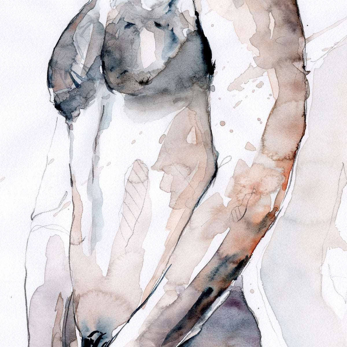 Lean Male Figure, Delicate Pose with Subtle Strength - 9x12" Original Watercolor Painting