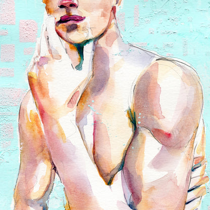 Pensive Poise: 9x12" Watercolor of a Slim, Muscular Man Leaning & Reflecting - Original by Brenden Sanborn