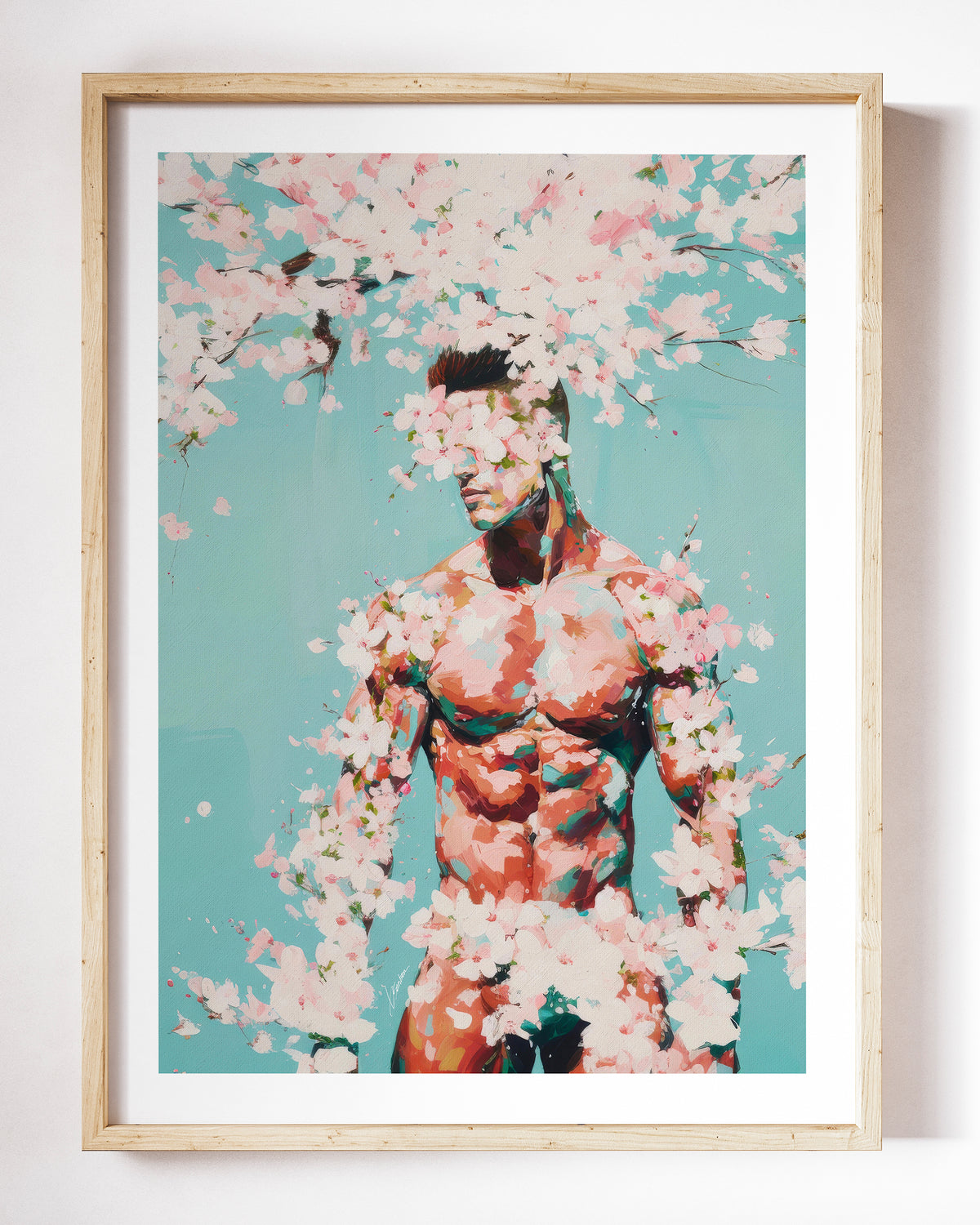 Falling Pink art print by Brenden Sanborn, a standing nude figure under falling cherry blossoms on a teal background, shown in a light wood frame