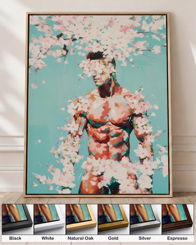 Falling Pink on canvas in a natural oak floating frame, with corner samples of all six frame colors: black, white, natural oak, gold, silver and espresso