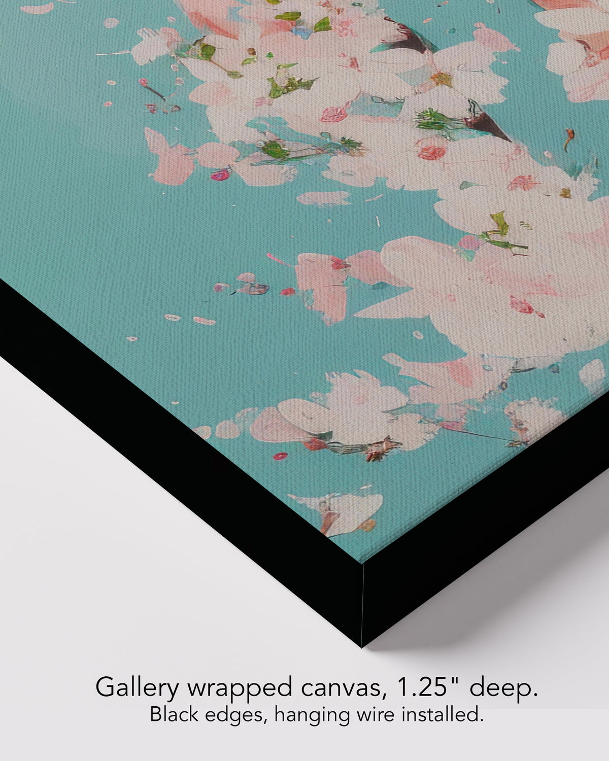 Corner of Falling Pink on gallery wrapped canvas, 1.25 inches deep, with black edges and hanging wire installed