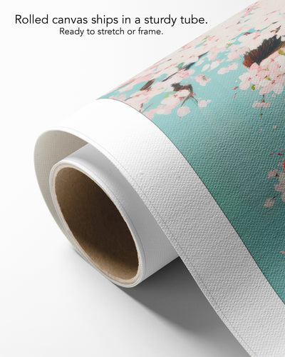 Falling Pink on rolled canvas with a white border, curling off its cardboard core