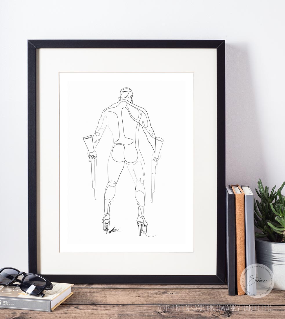 Daring Poise - One-Line Art of Athletic Male with Guns in High Heels - Giclee Art Print