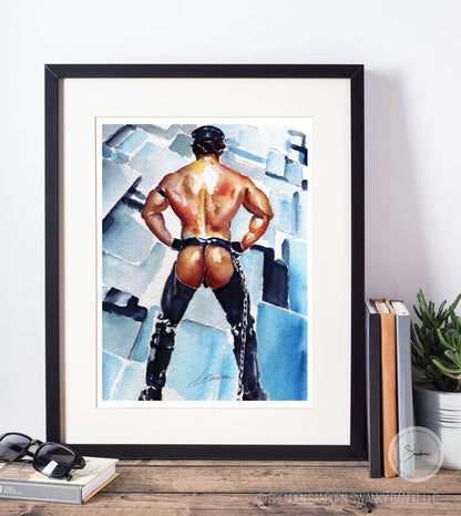 Leathered Beast: Muscular Man in Chaps and Cap's Dominant Display - Giclee Art Print