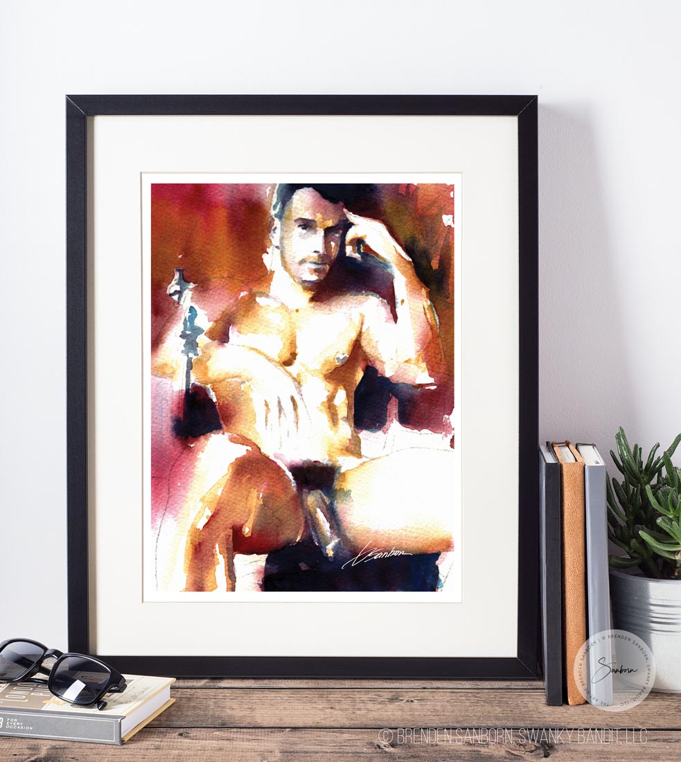 Muscular Man in Chair, Hand to Head, Prominent Pecs, Whisper of a Beard - Giclee Art Print