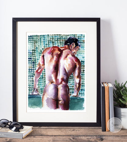 Titan's Stance: Muscular Man, Strong Back, Thick Hair Against Blue-Green Tile - Giclee Art Print
