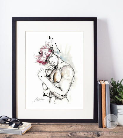 Floral Crowned Muscular Male, Sensual Gaze, Strong Pecs - Giclee Art Print