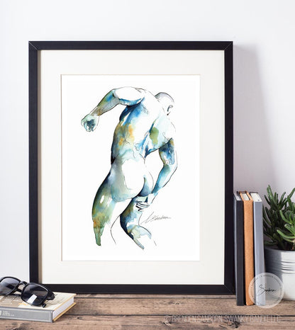 Aquatic Dance - Watercolor Male Figure in Dynamic Motion - Giclee Art Print