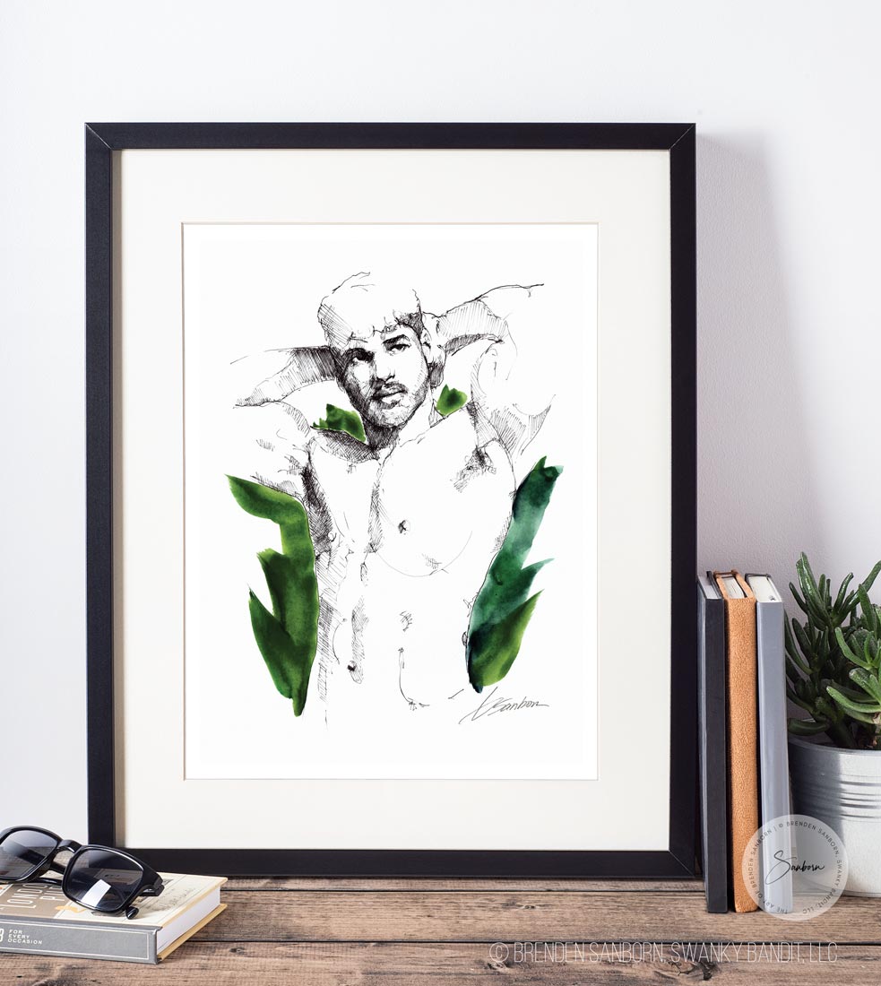 Emerald Essence: Young Man Flexes, Showcasing Muscular Abs and Pecs - Giclee Art Print