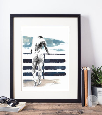Distant Dreams: Lean Muscular Man Over Railing in the Nude - Giclee Art Print