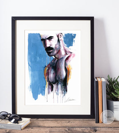 Focused Gaze of a Muscular Man with a Defined Mustache and Hairy Chest - Giclee Art Print