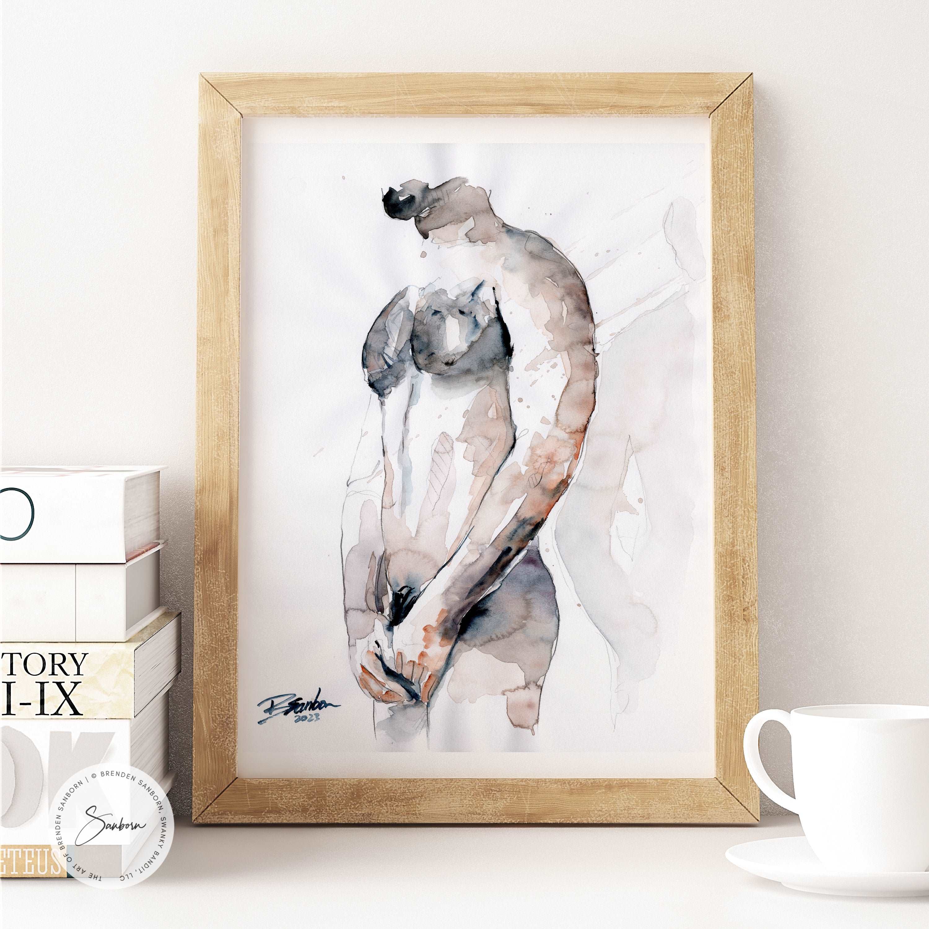 Lean Male Figure, Delicate Pose with Subtle Strength - 9x12" Original Watercolor Painting