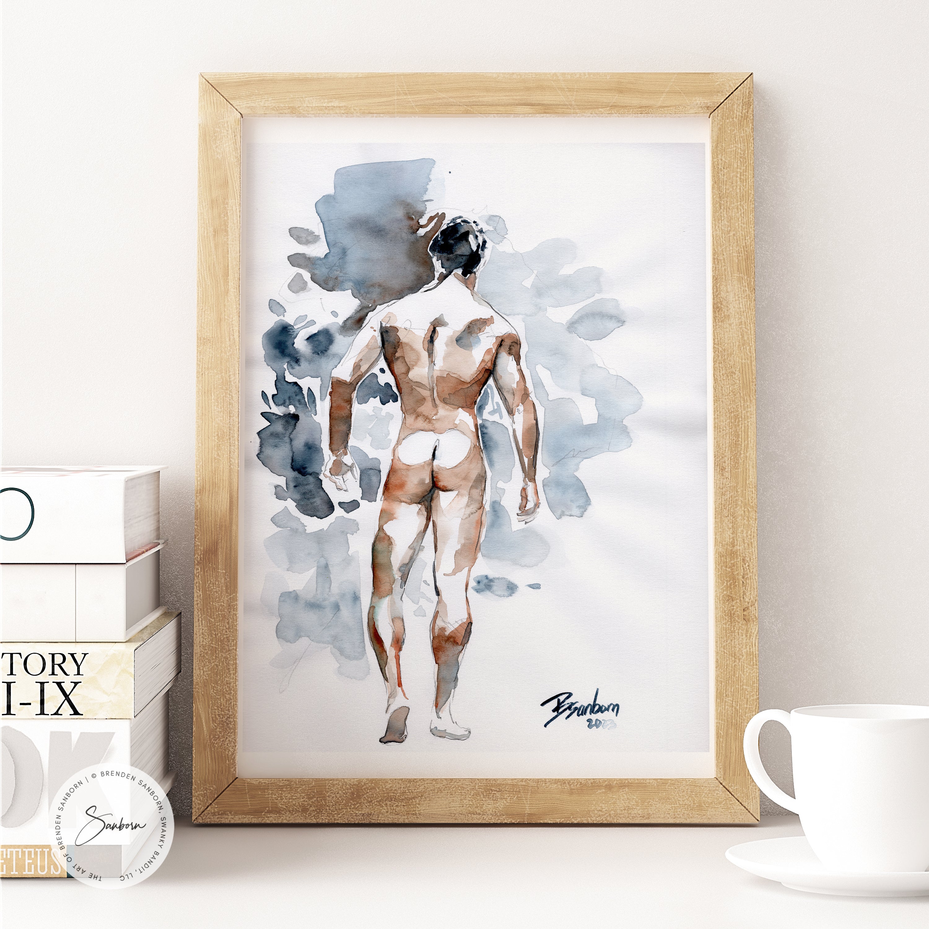 Rear View of Muscular Male, defined back muscles - 9x12" Original Watercolor Painting