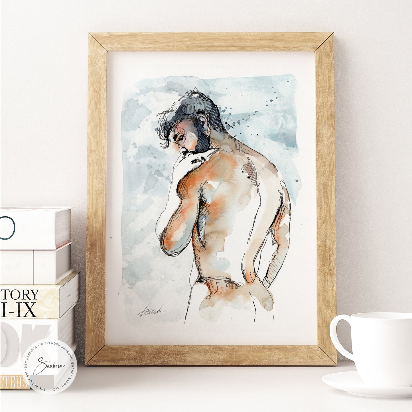 Obsidian Allure: 9x12" Watercolor of a Sensual Male with Strong Back & Raven-Hued Hair - Original by Brenden Sanborn