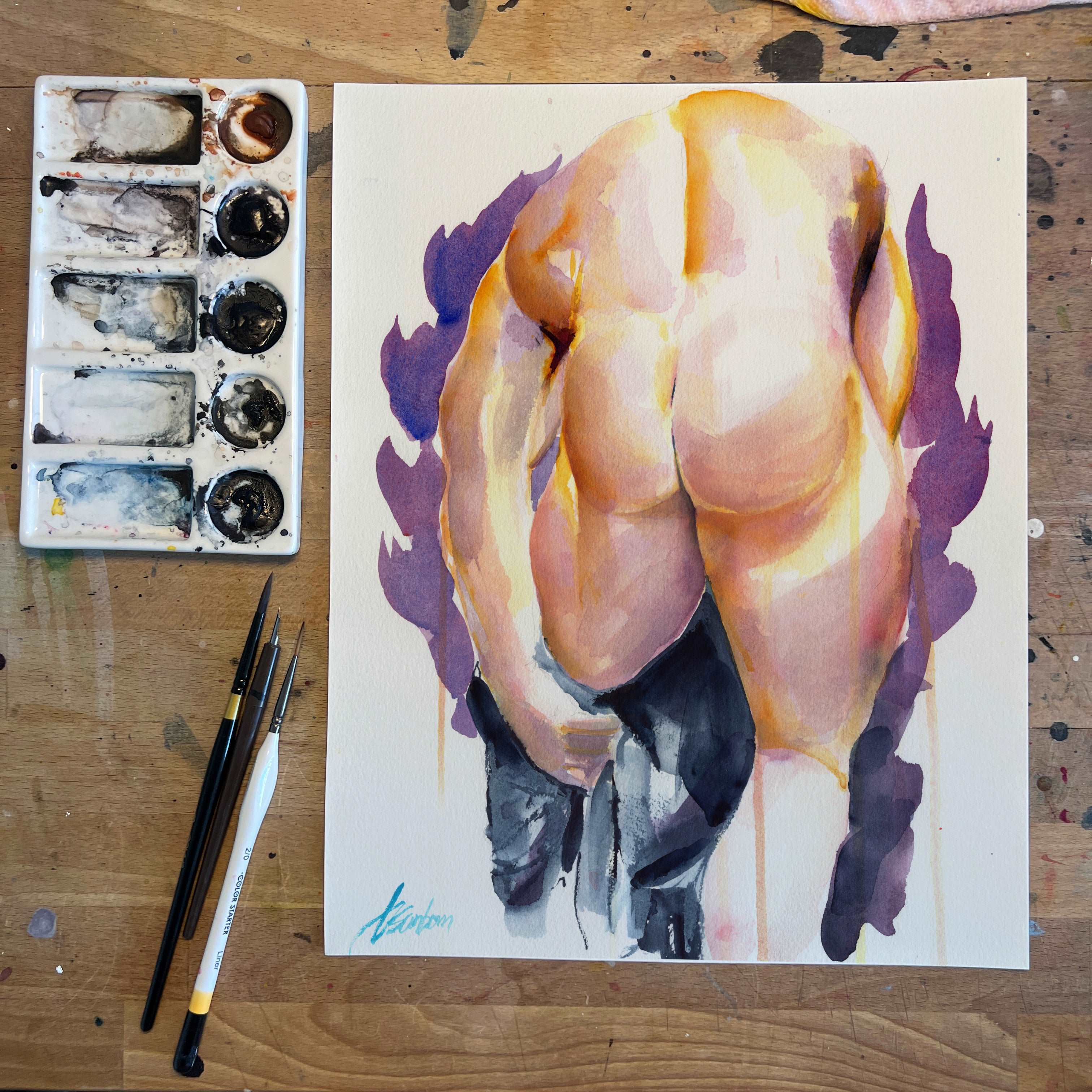 Bold Male Nude Watercolor Painting - 11x14 Original Watercolor