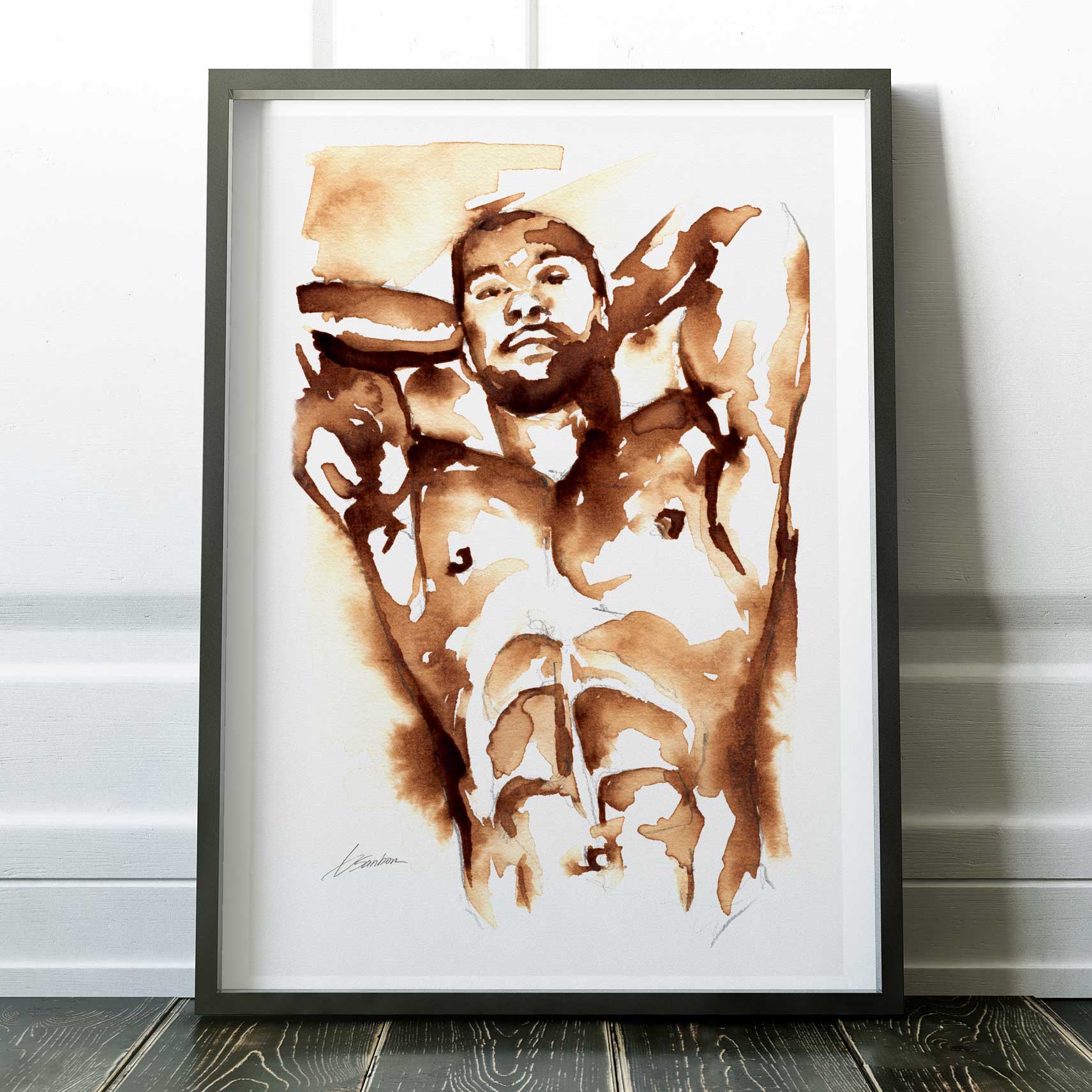 Coffee Nude with Arms Raised - Art Print