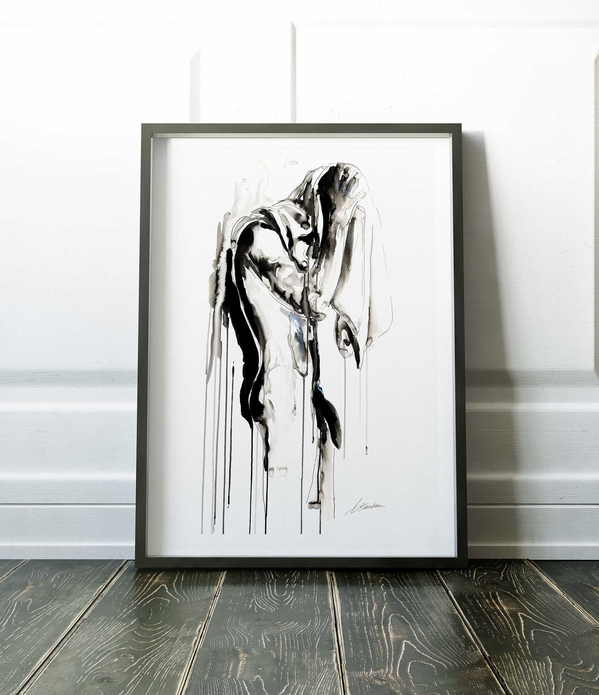 Male Figure Draped in Veiled Elegance with Flowing Silhouettes - Art Print