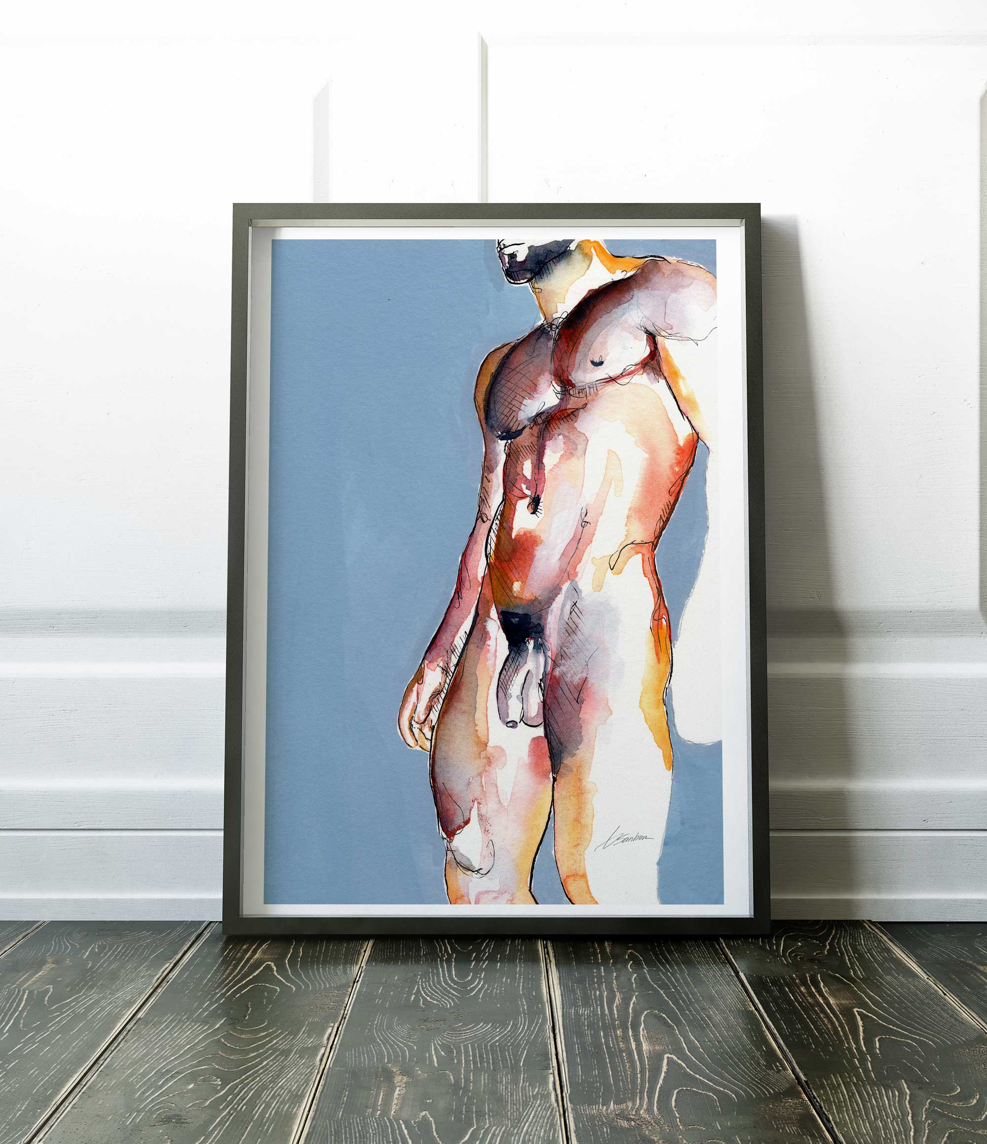 Bearded Male Nude with Defined Abs Standing in Natural Light - Art Print