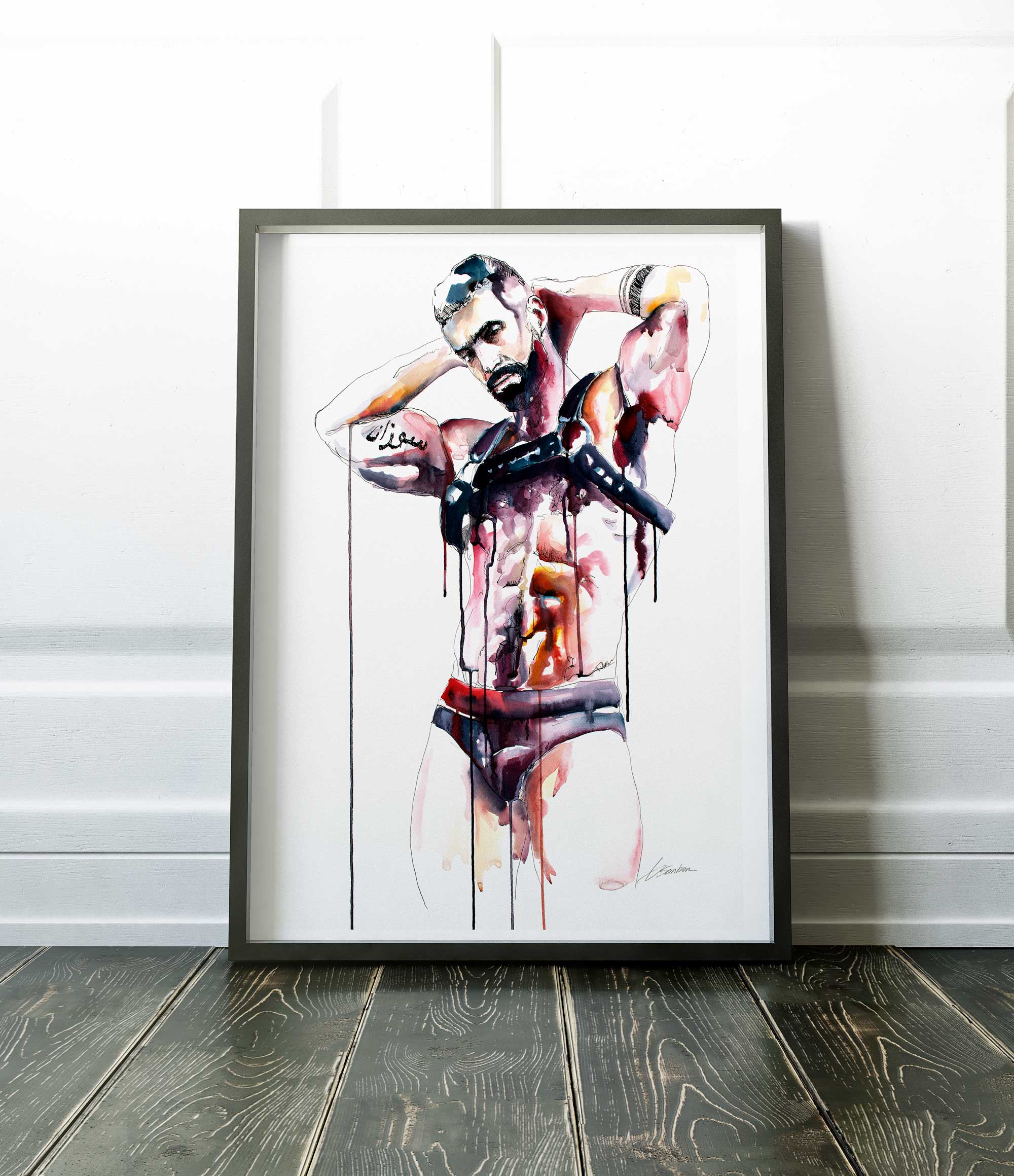 Muscular Bearded Man in Harness with Tattoos - Art Print