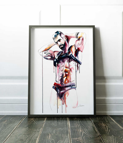 Muscular Bearded Man in Harness with Tattoos - Art Print Artist Brenden Sanborn