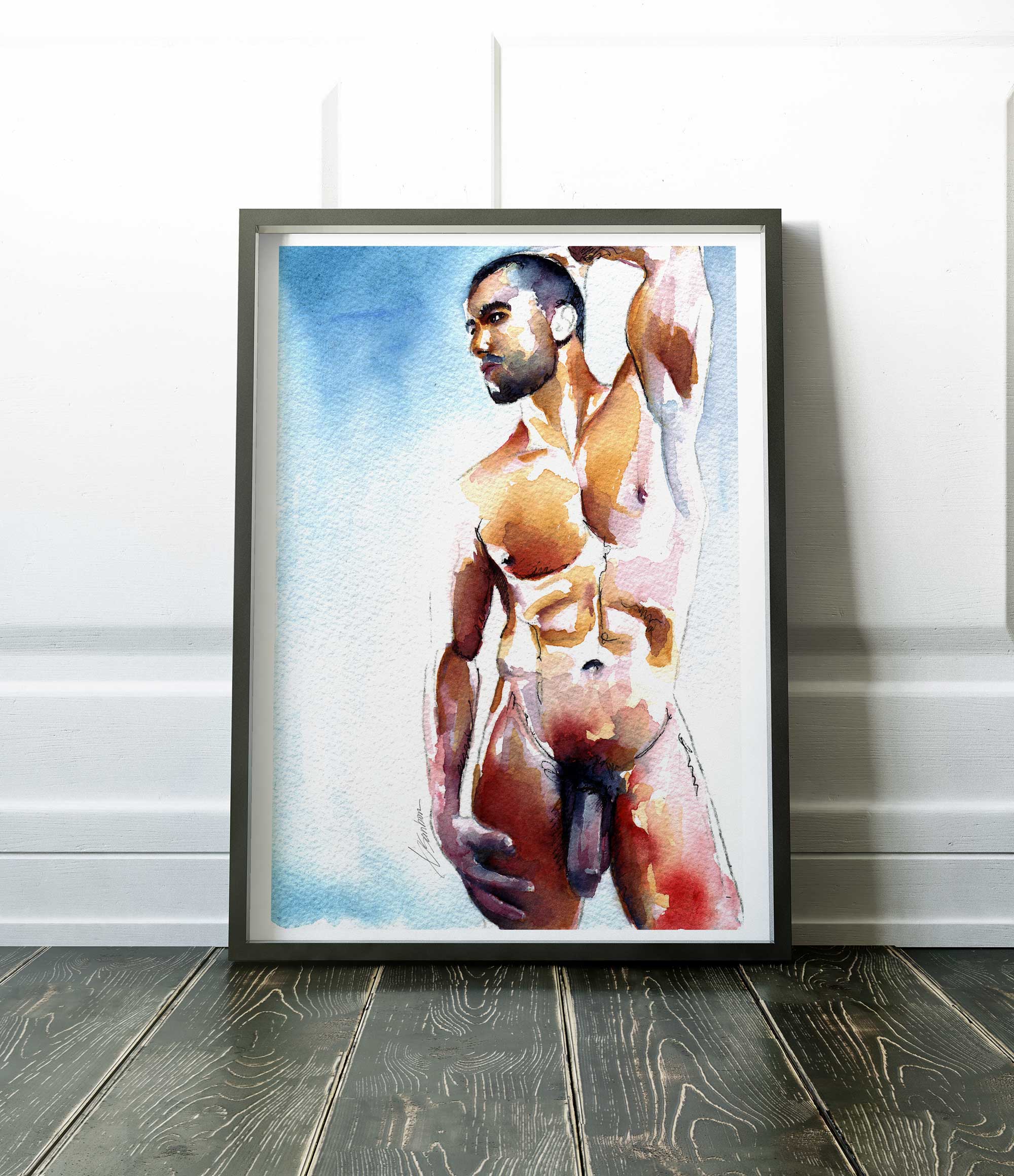 Scruffy Male Nude Stretching in Sunlight - Art Print