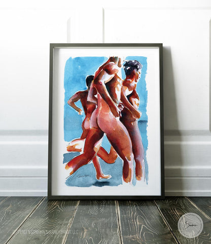 Ocean Sprint: Three Muscular Runners' Beachside Dash - Giclee Art Print