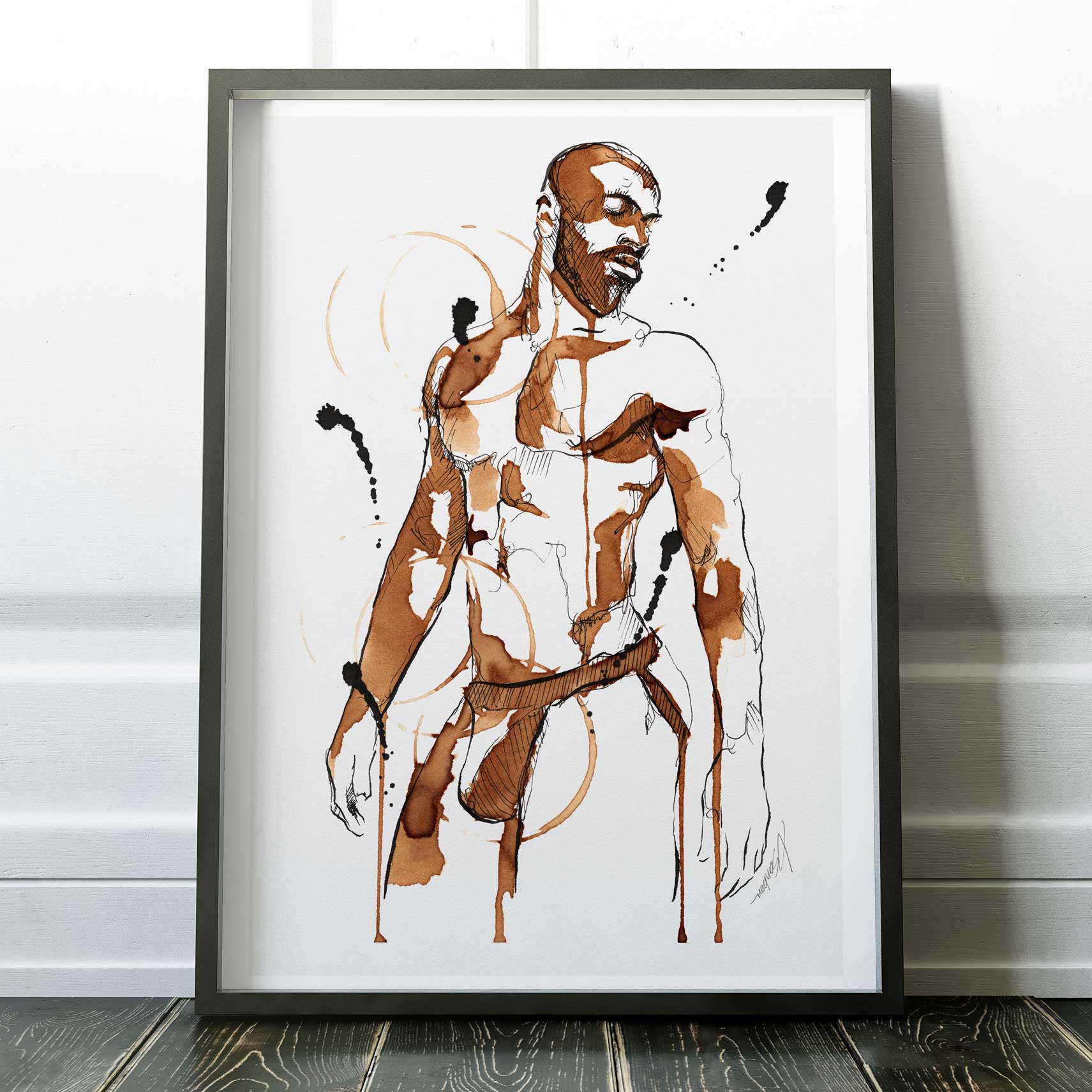 Bearded Male Figure in Coffee and Ink Wearing Jockstrap – Art Print