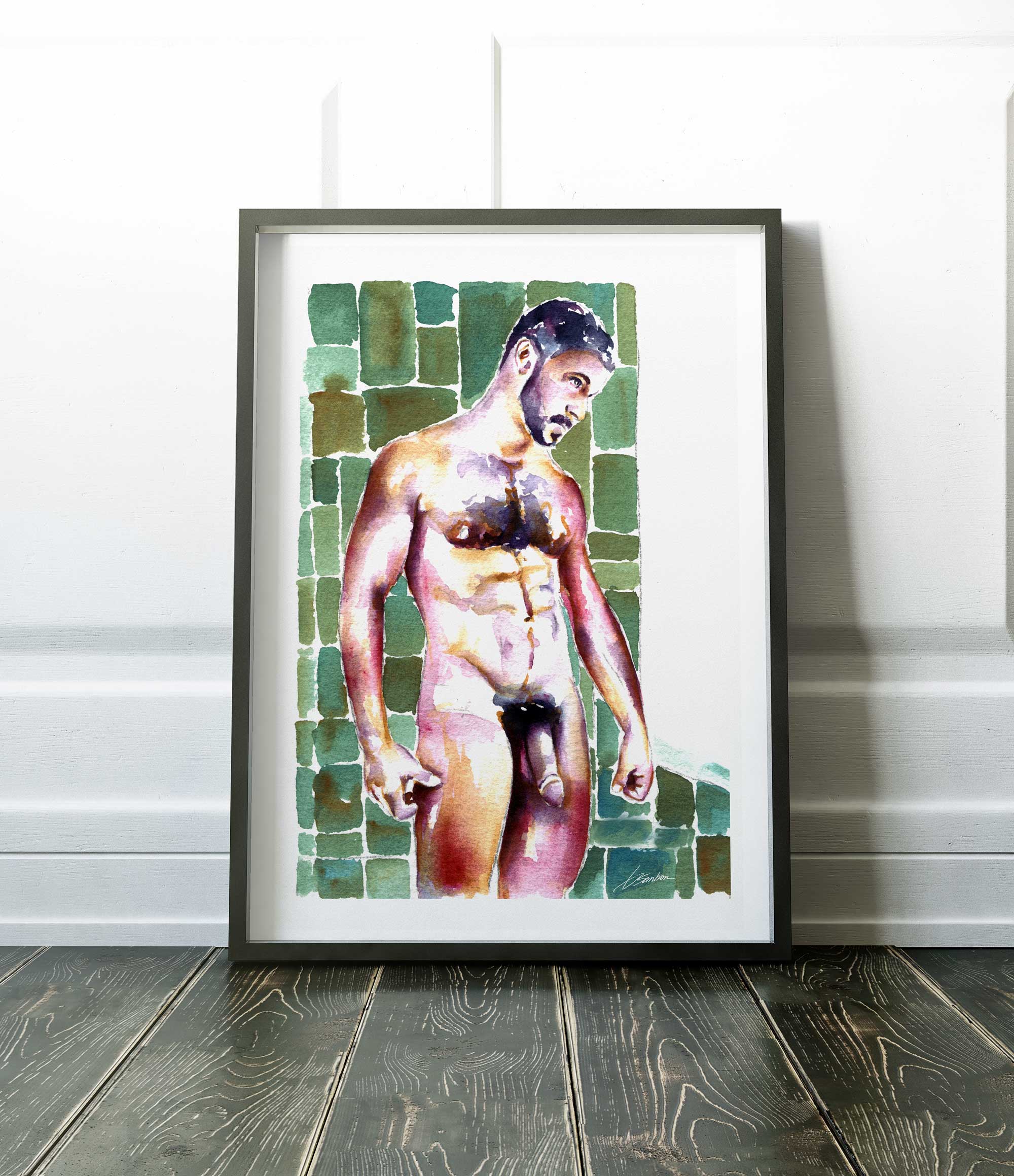 Bearded Man in Shower - Art Print