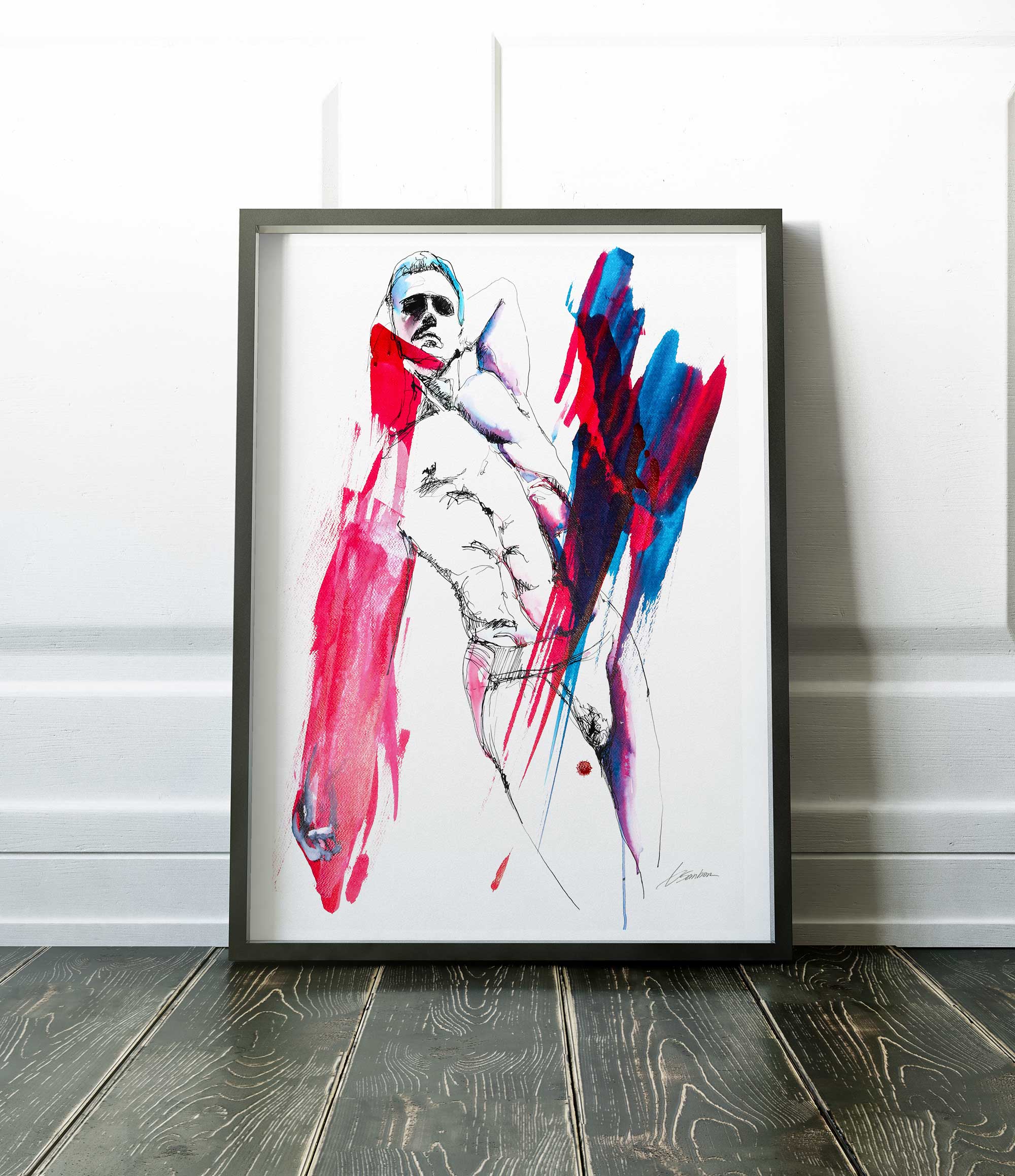 Bold Recline Abs of Stone and Sculpted Booty in Red and Blue Hues - Art Print