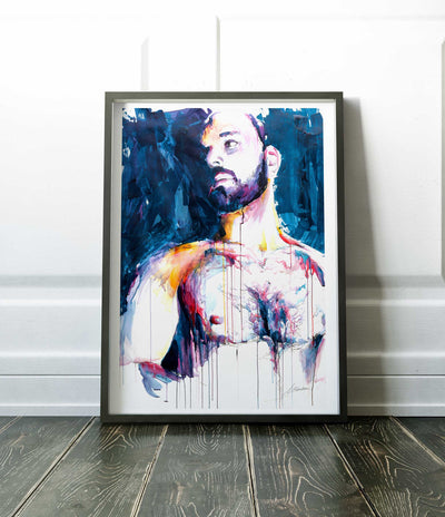 Bearded Male with Bare Chest and Introspective Gaze - Art Print Artist Brenden Sanborn