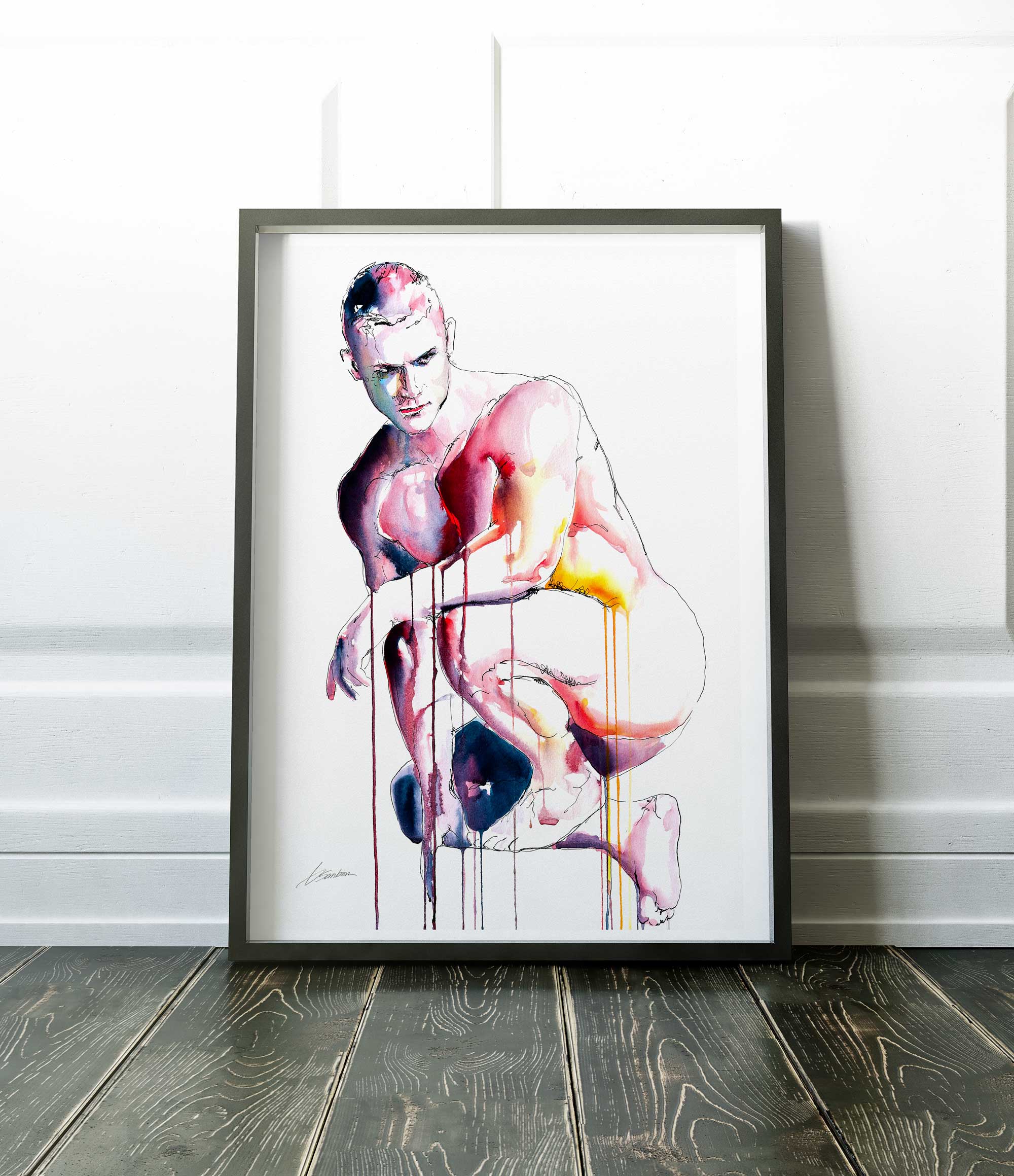 Crouched in Thought Muscular Form Highlighted by Bold Strokes - Art Print