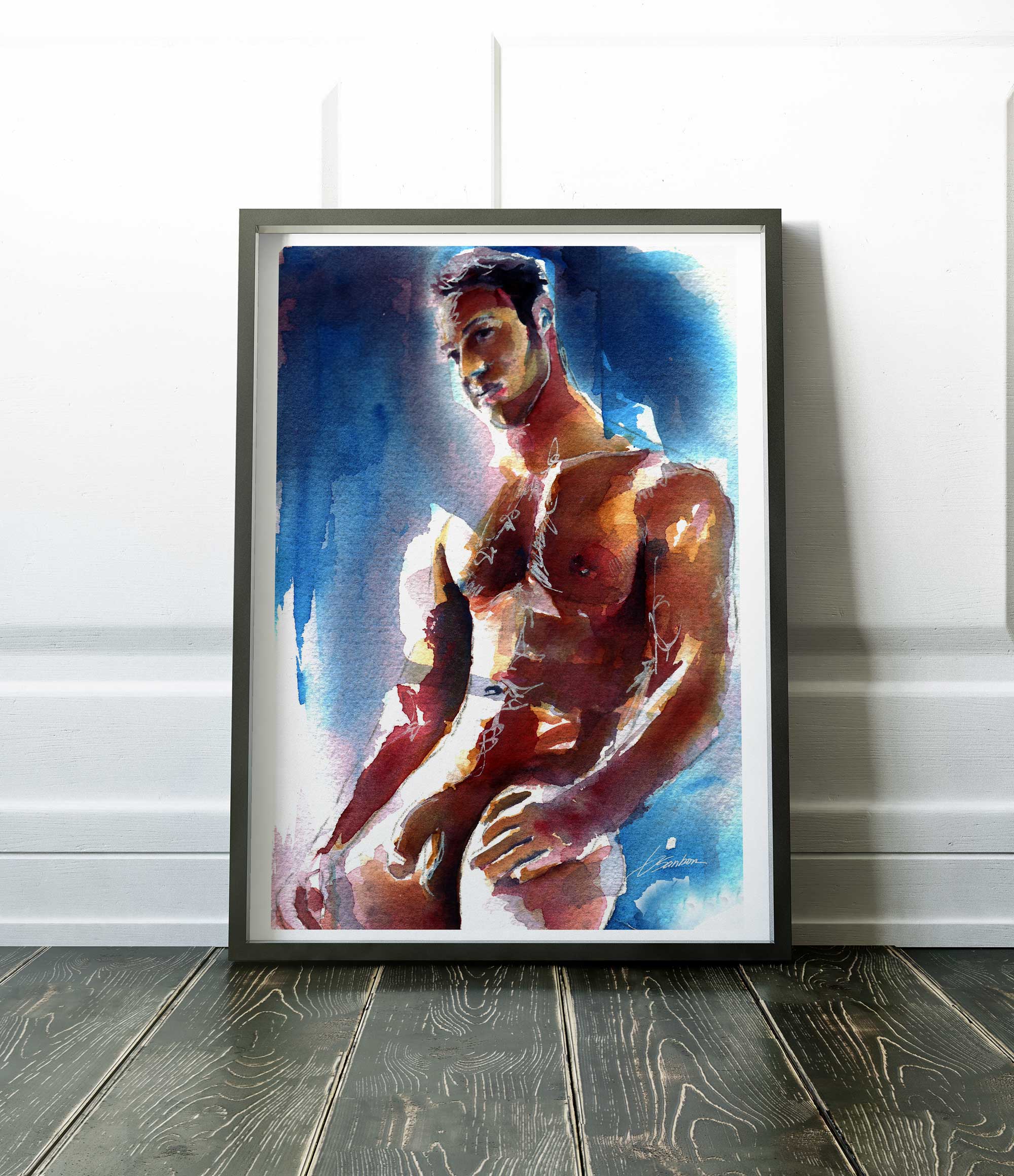 Muscular Male Nude Leaning Against a Wall - Art Print