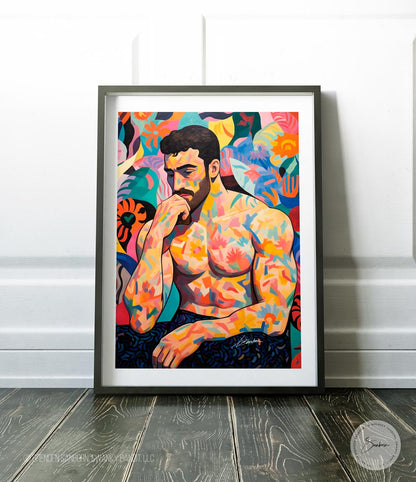 Contemplative Muscular Male, Hand on Chin amidst a Vibrant Floral Backdrop - Giclee Art Print