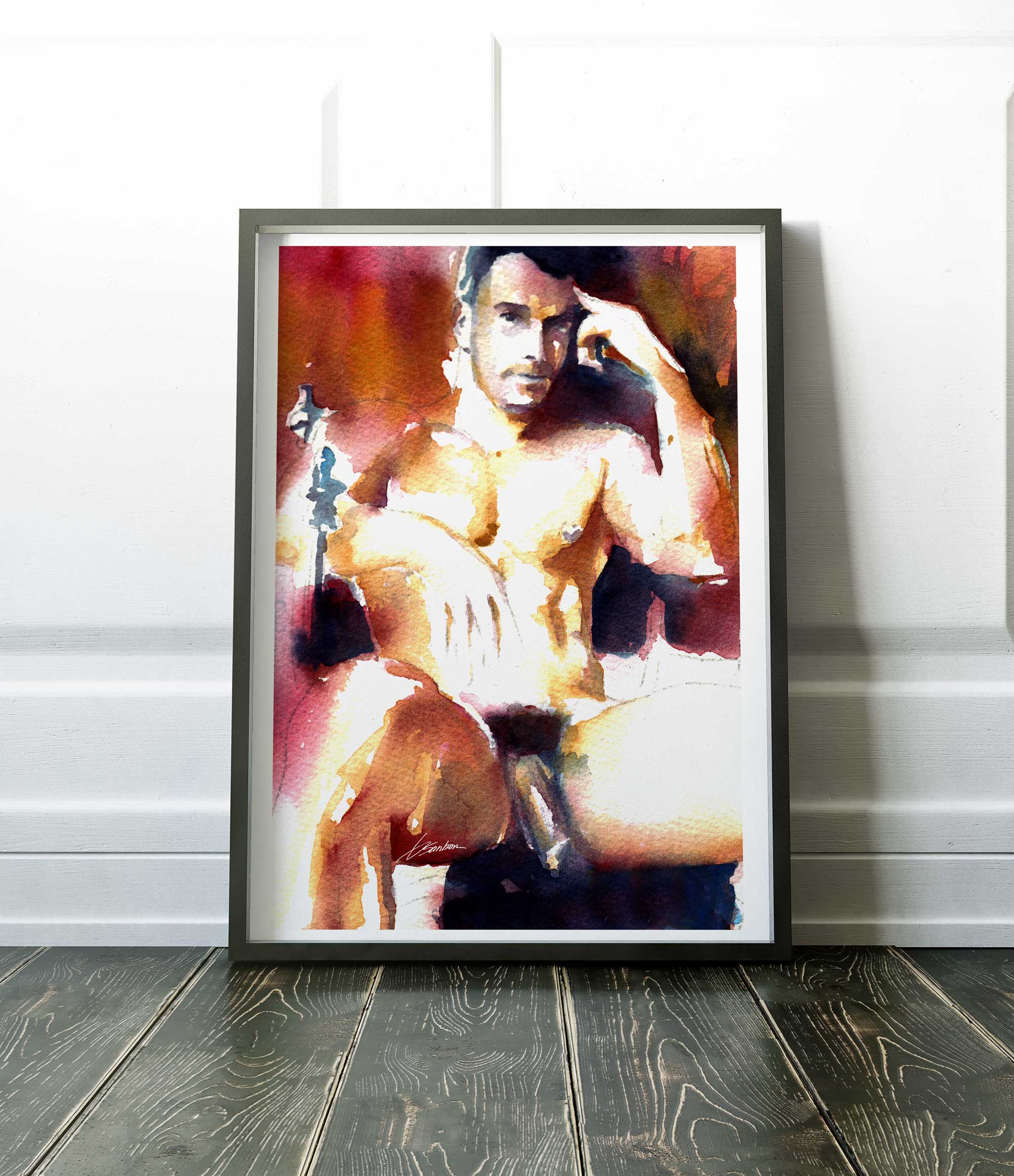 Seated Male Nude in Thoughtful Pose with Hookah Nearby - Art Print