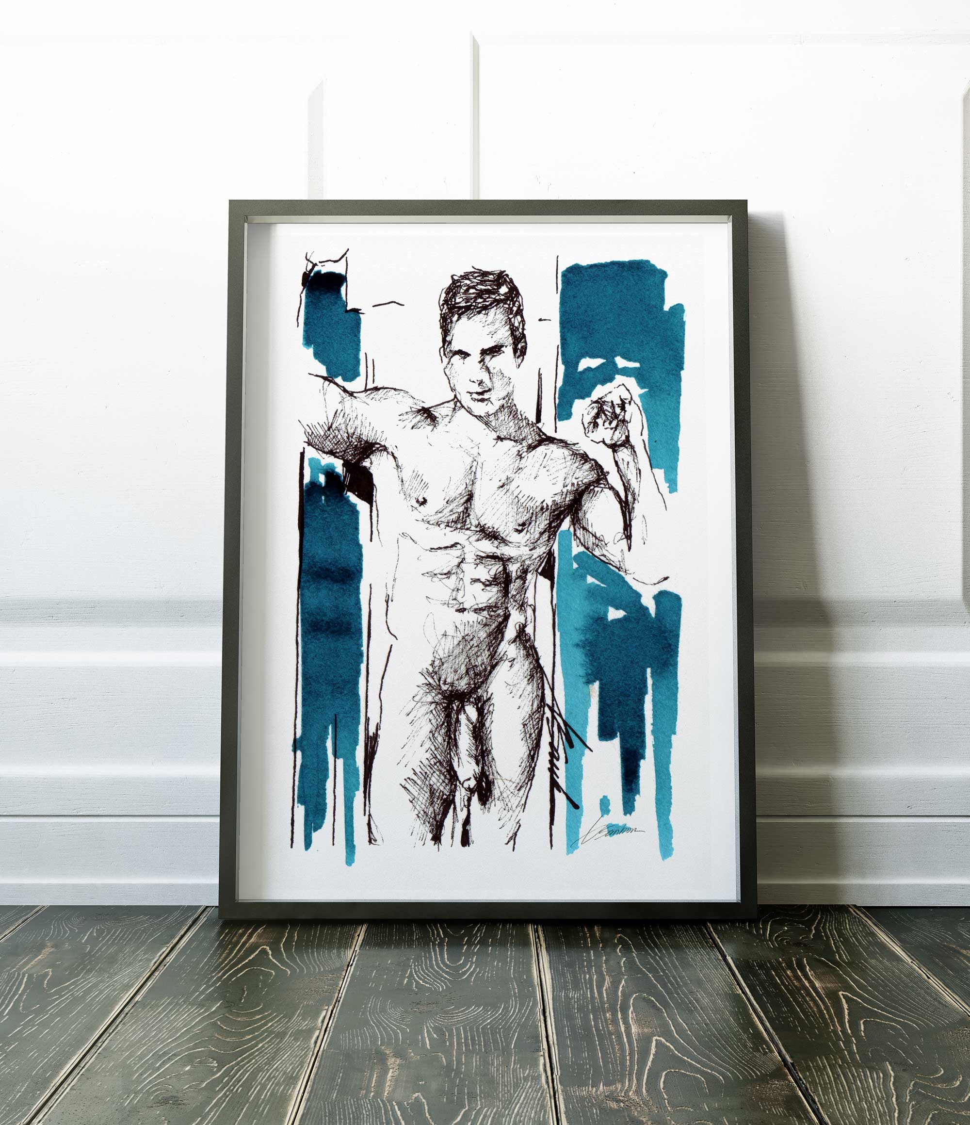 Young Male in Doorway, Smooth Body, Sexy Smile - Art Print