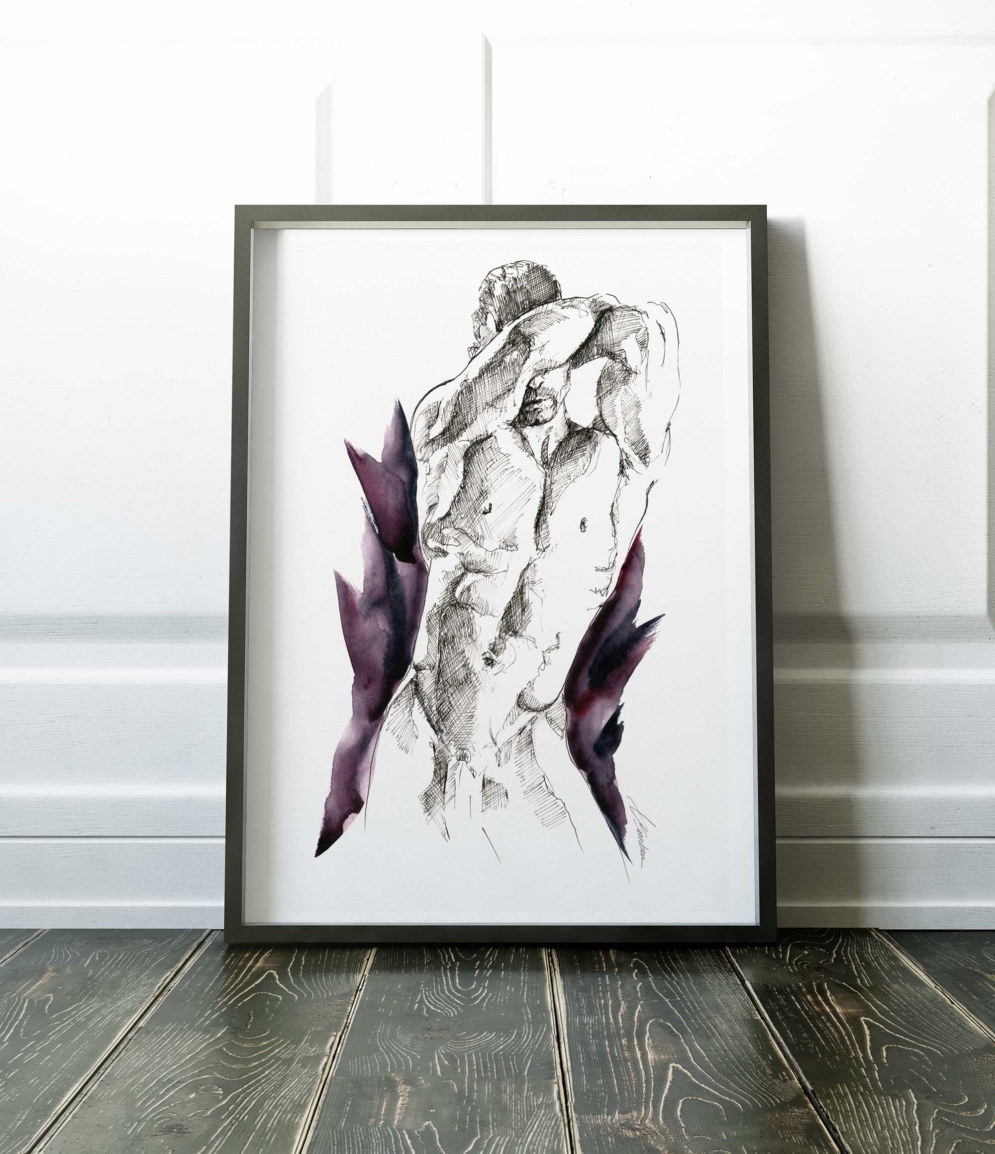 Defined Back Male Figure with Hands Behind Head - Art Print