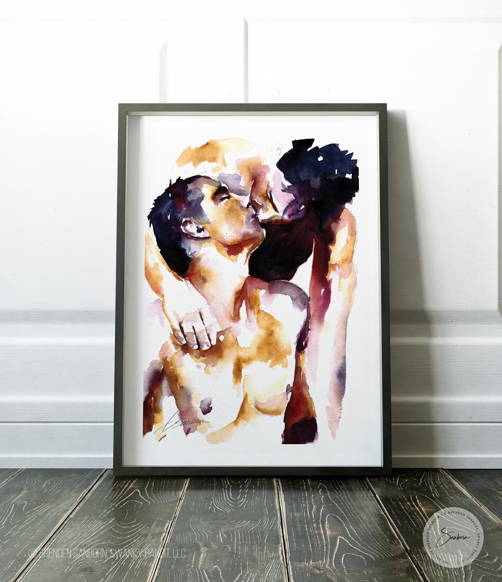Whispers of Affection: Two Shirtless Men, One Kiss - Giclee Art Print