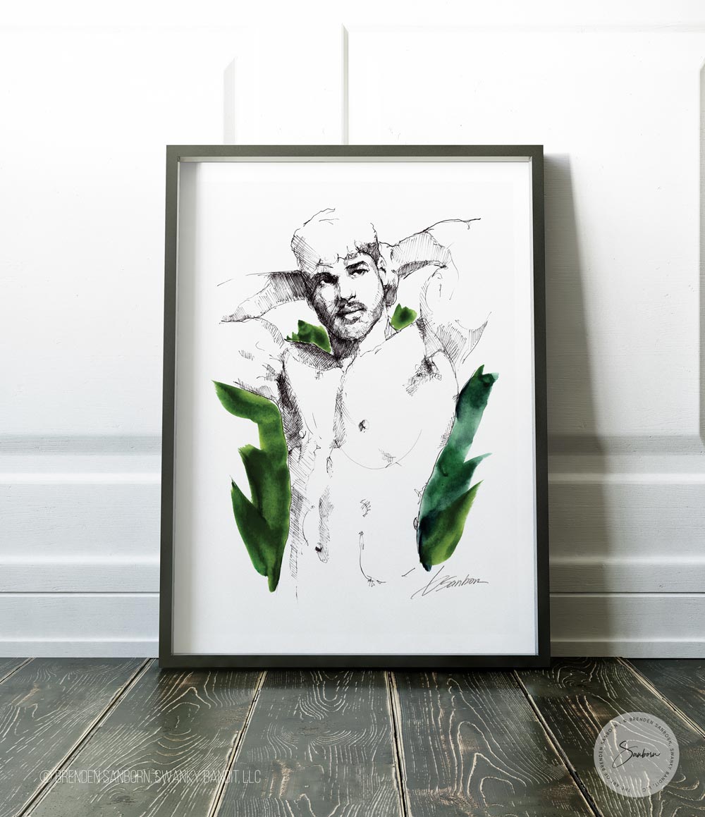 Emerald Essence: Young Man Flexes, Showcasing Muscular Abs and Pecs - Giclee Art Print
