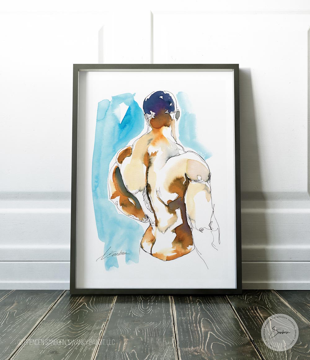 Sensual Pose with Cool Blue Backdrop, Defined Musculature - Giclee Art Print